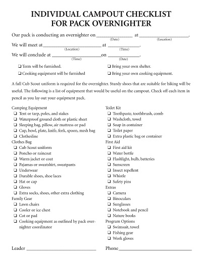 Individual Campout Checklist Template