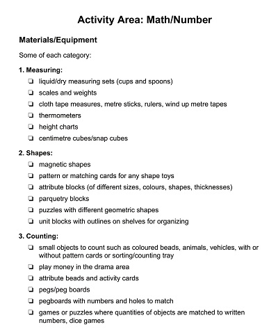 Materials or Equipment List for Preschool Child Care Centre
