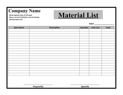 Professional Material List Template