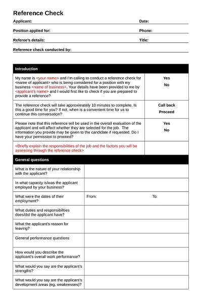 Reference Check Form Sample
