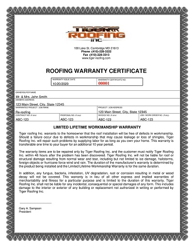 Roofing with Installation Warranty Certificate Template