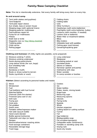 Sample Family Camping Checklist Template