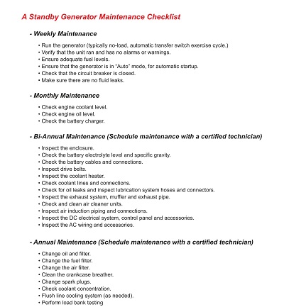 Sample Generator Maintenance Checklist