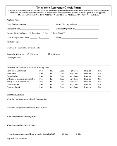 Simple Telephone Verification Reference Check Form