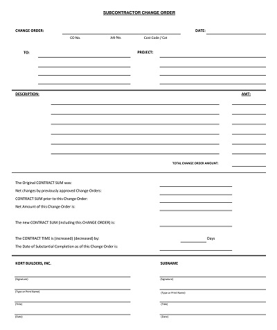 Subcontractor Change Order Form Sample