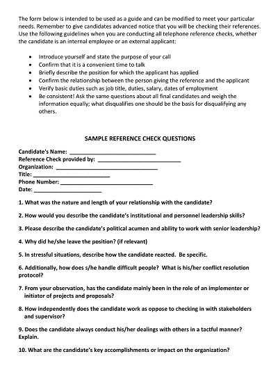 Teacher Reference Check Questionnaire Form