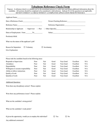 Telephone Reference Check Form
