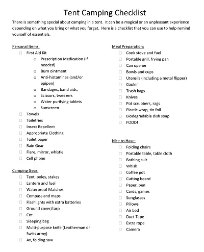 Tent Camping Checklist Template