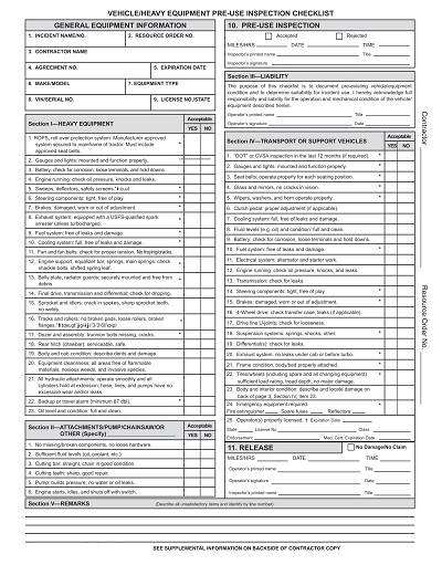 Vehicle Equipment Pre Use Inspection Checklist