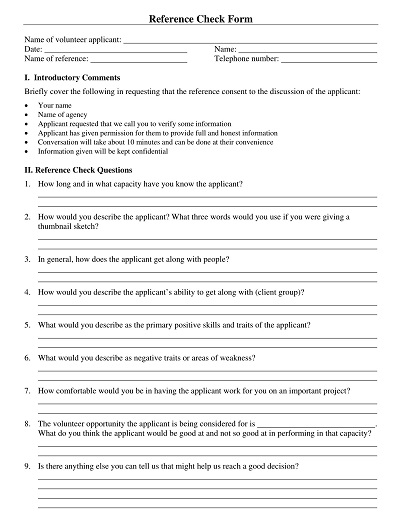 Volunteer Applicant Reference Check Form
