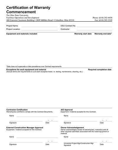 Warranty Commencement Certificate Form