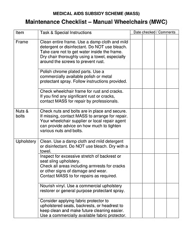 Wheelchairs Maintenance Checklist