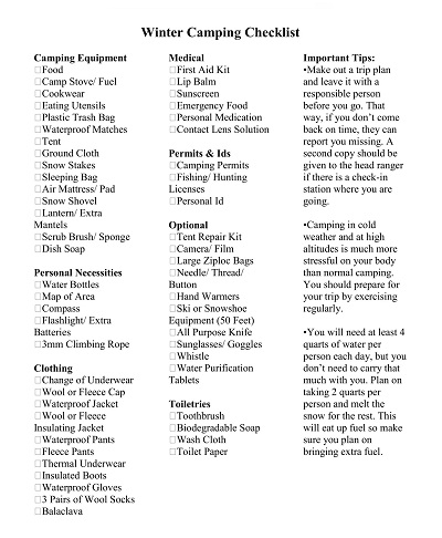 Winter Camping Checklist Template PDF