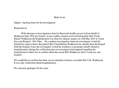 Apology letter for the investigation