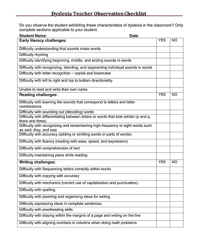Child Care Observation Checklist Template