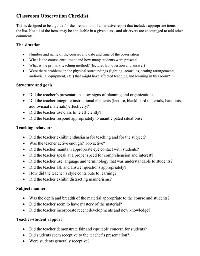 Classroom Behaviour Observation Checklist Template