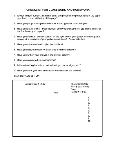 Classwork Checklist Template