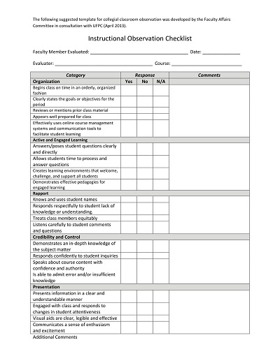 College Instructional Observation Checklist
