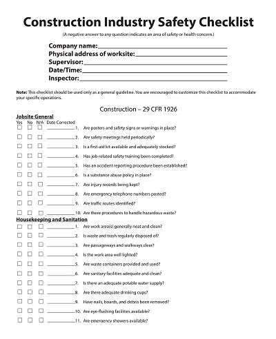 Construction Industry Safety Checklist Template