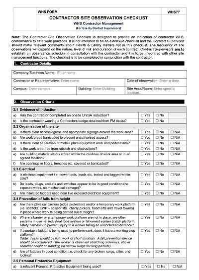Contractor Site Observation Checklist