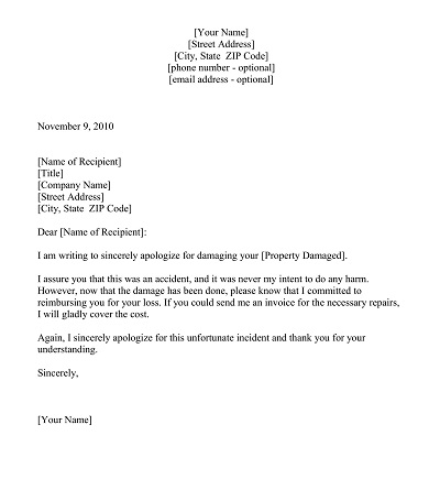 Damaged Property Apology Letter
