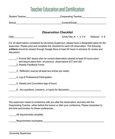 Education Observation Checklist Template