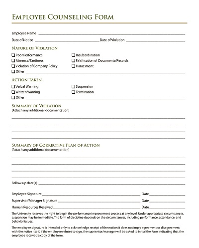 Employee Counseling Write Up Form Template