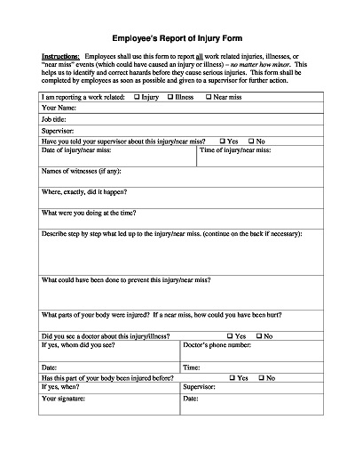 Employees Report of Injury Write Up Form