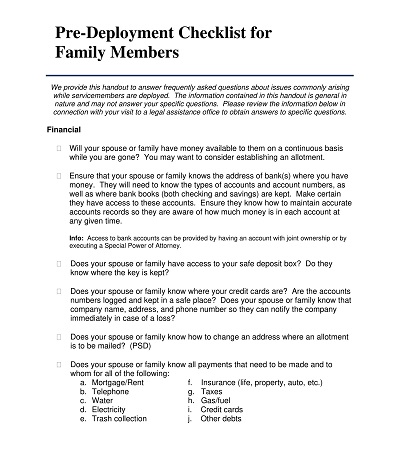 Family Members Pre-Deployment Checklist