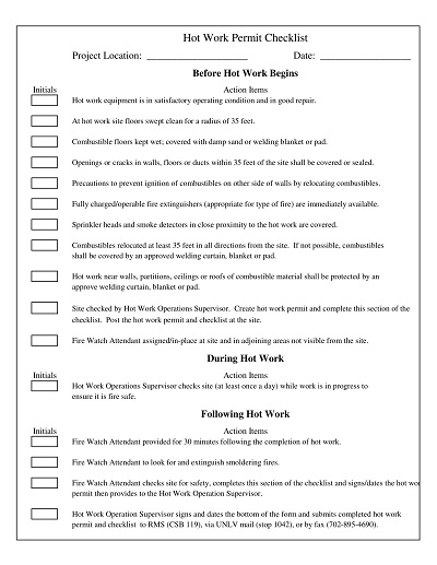 Hot Work Permit Checklist Template