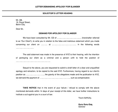 Letter Demanding Apology for Slander