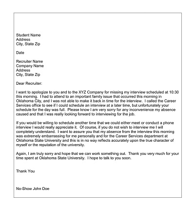 No Show Apology Letter Template