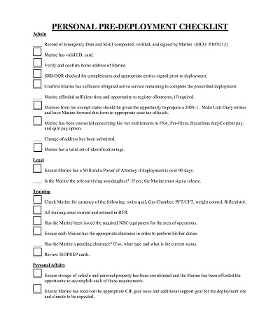 Personal Pre-Deployment Checklist Template