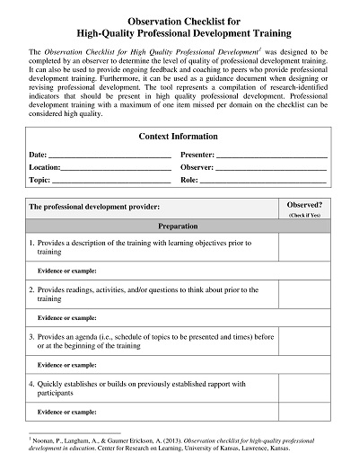 Pre-School Observation Checklist Template