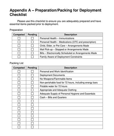 Preparation Packing Deployment Checklist Template