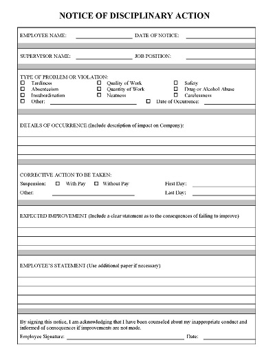 Printable Employee Write Up form Template