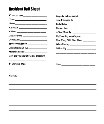 Resident Call Sheet Template