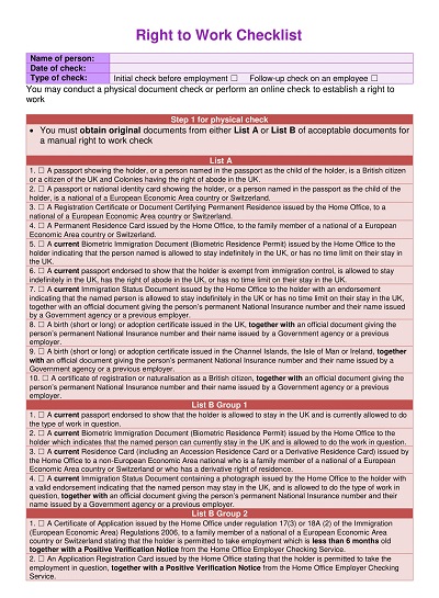 Right to Work Checklist Template