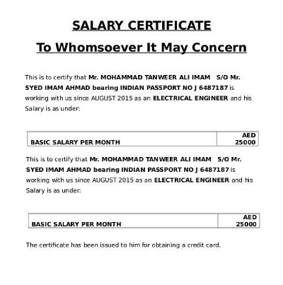 Salary Certificate Verification Letter Sample