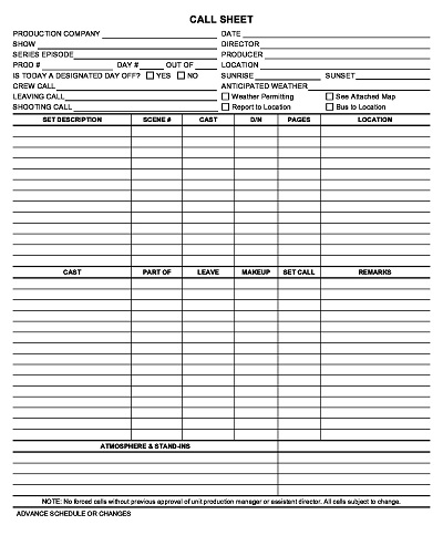 Simple Call Sheet Template