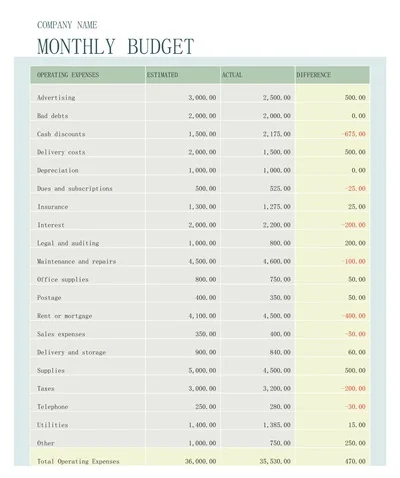 Monthly Company Budget Sheet