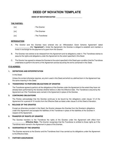 Deed of Novation Agreement Template