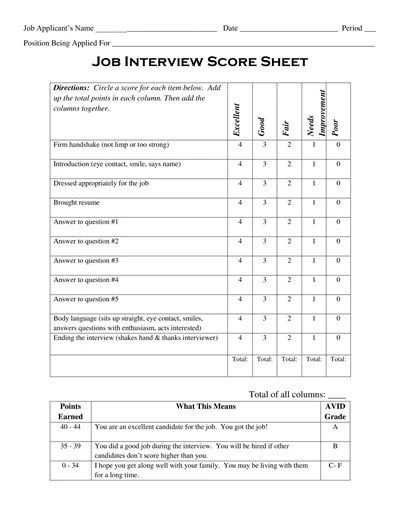 Job Interview Score Sheet Template