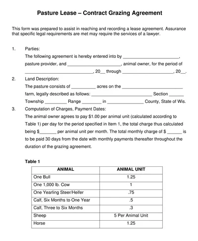 Pasture Lease Contract Grazing Agreement